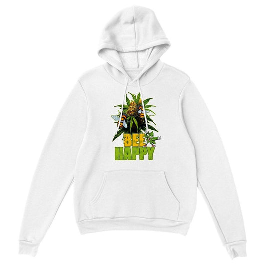 Bee Happy Weed Hoodie - Funny Bees Happy Weed Stoner 420 Hoodie - Premium Unisex Pullover Hoodie Australia Online Color S / White