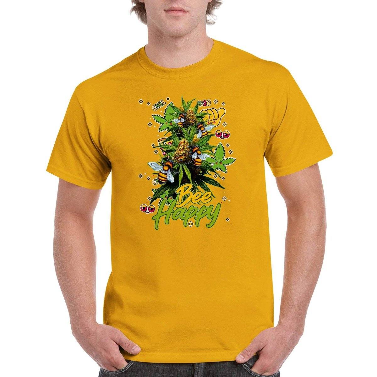 Bee Happy Weed T-Shirt - Funny Bees Happy Weed Stoner 420 Tshirt - Unisex Crewneck T-shirt Australia Online Color Gold / S