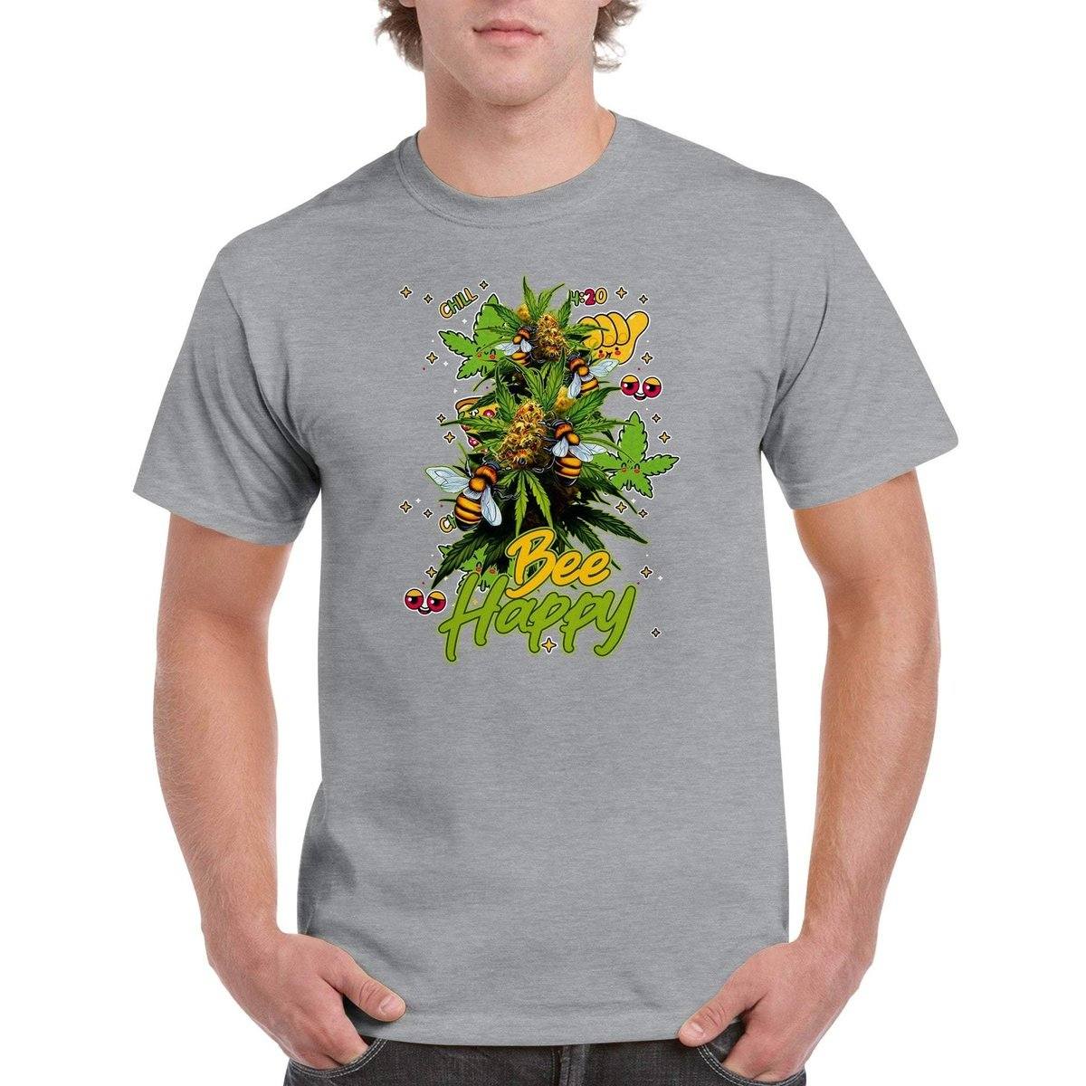 Bee Happy Weed T-Shirt - Funny Bees Happy Weed Stoner 420 Tshirt - Unisex Crewneck T-shirt Adults T-Shirts Unisex Sports Grey / S BC Australia
