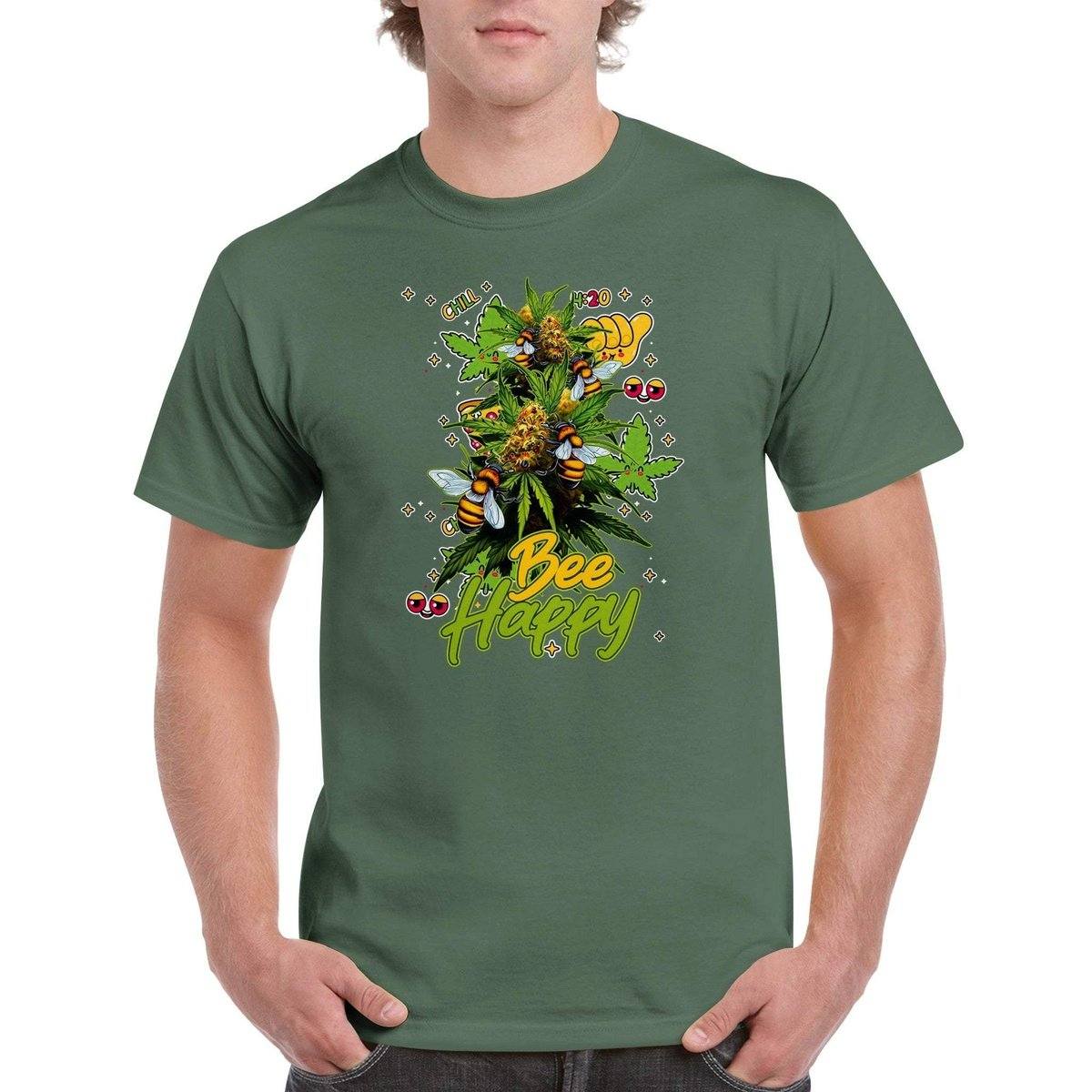 Bee Happy Weed T-Shirt - Funny Bees Happy Weed Stoner 420 Tshirt - Unisex Crewneck T-shirt Adults T-Shirts Unisex Military Green / S BC Australia