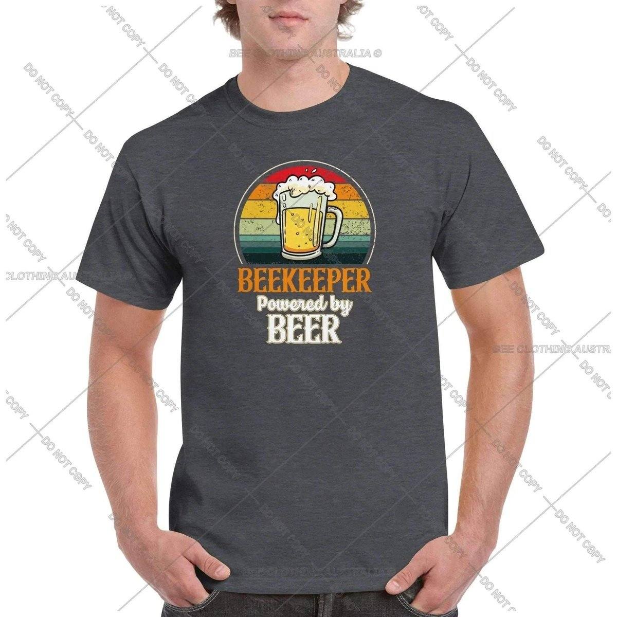 Beekeeper - Powered By Beer Tshirt - Retro Vintage Bee - Unisex Crewneck T-shirt Adults T-Shirts Unisex Dark Heather / S Bee Clothing Australia