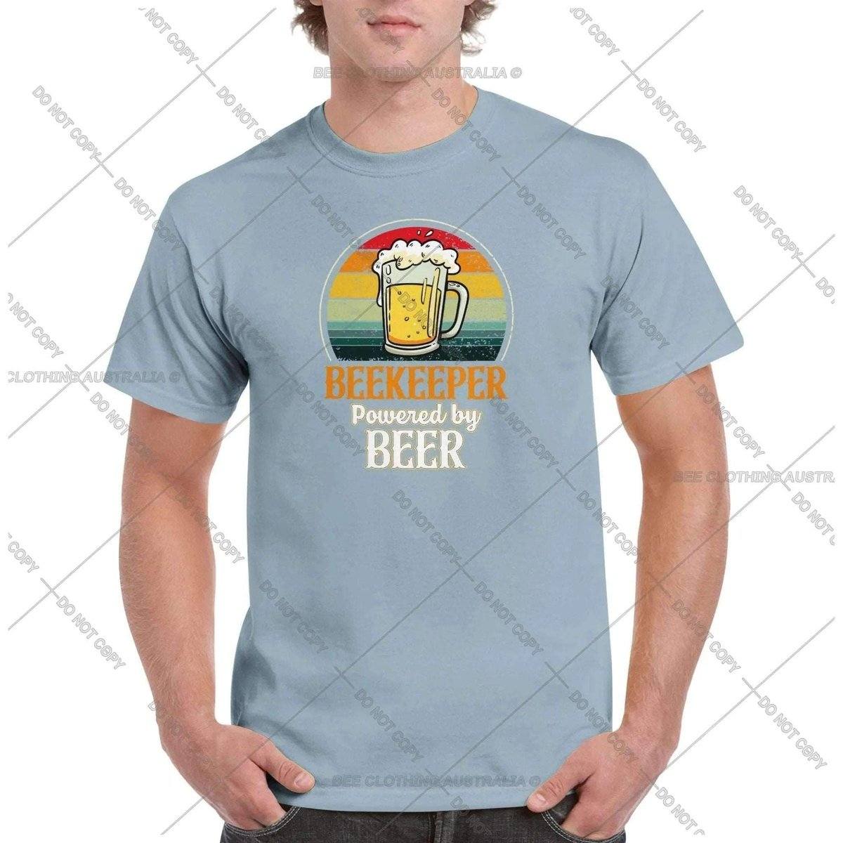 Beekeeper - Powered By Beer Tshirt - Retro Vintage Bee - Unisex Crewneck T-shirt Adults T-Shirts Unisex Light Blue / S Bee Clothing Australia