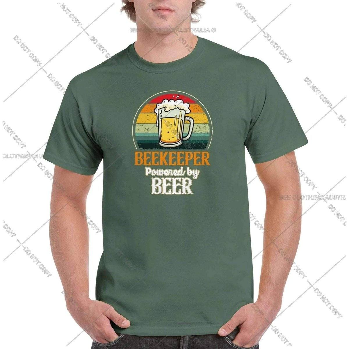 Beekeeper - Powered By Beer Tshirt - Retro Vintage Bee - Unisex Crewneck T-shirt Adults T-Shirts Unisex Military Green / S Bee Clothing Australia