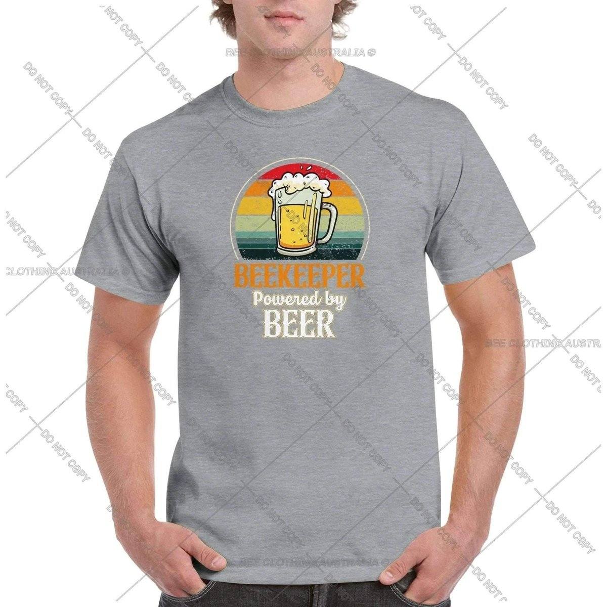 Beekeeper - Powered By Beer Tshirt - Retro Vintage Bee - Unisex Crewneck T-shirt Adults T-Shirts Unisex Sports Grey / S Bee Clothing Australia