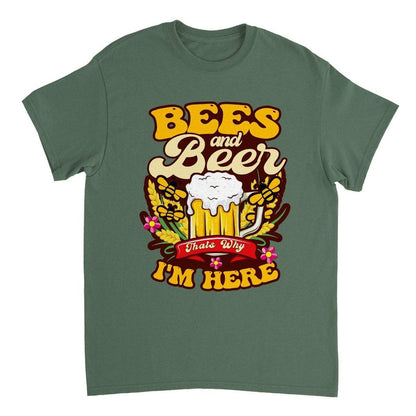 Bees And Beer Thats Why Im Here T-Shirt - Funny Bee Beer Tshirt - Unisex Crewneck T-shirt Australia Online Color Military Green / S