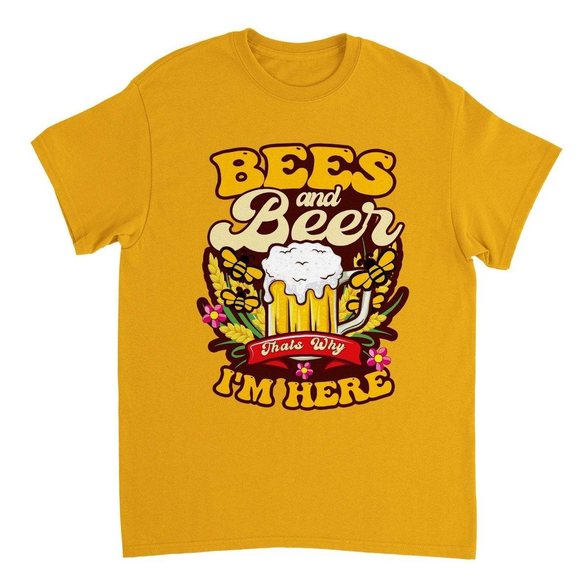 Bees And Beer Thats Why Im Here T-Shirt - Funny Bee Beer Tshirt - Unisex Crewneck T-shirt Australia Online Color Gold / S