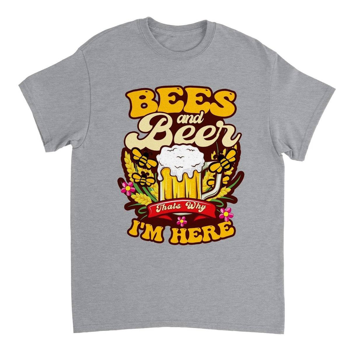 Bees And Beer Thats Why Im Here T-Shirt - Funny Bee Beer Tshirt - Unisex Crewneck T-shirt Australia Online Color Sports Grey / S