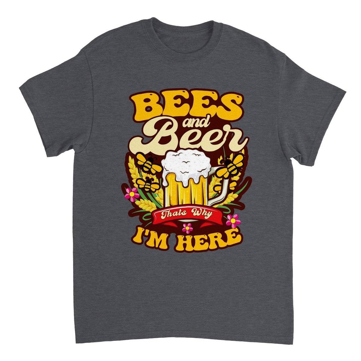 Bees And Beer Thats Why Im Here T-Shirt - Funny Bee Beer Tshirt - Unisex Crewneck T-shirt Adults T-Shirts Unisex Dark Heather / S Bee Clothing Australia