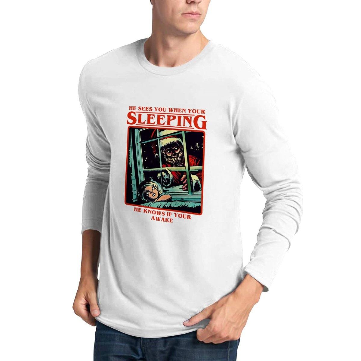 He Sees You When Your Sleeping Long Sleeve T-Shirt Australia Online Color White / S