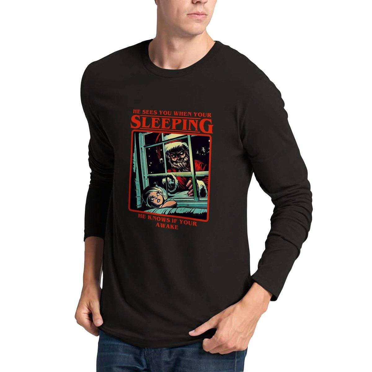 He Sees You When Your Sleeping Long Sleeve T-Shirt Australia Online Color Black / S