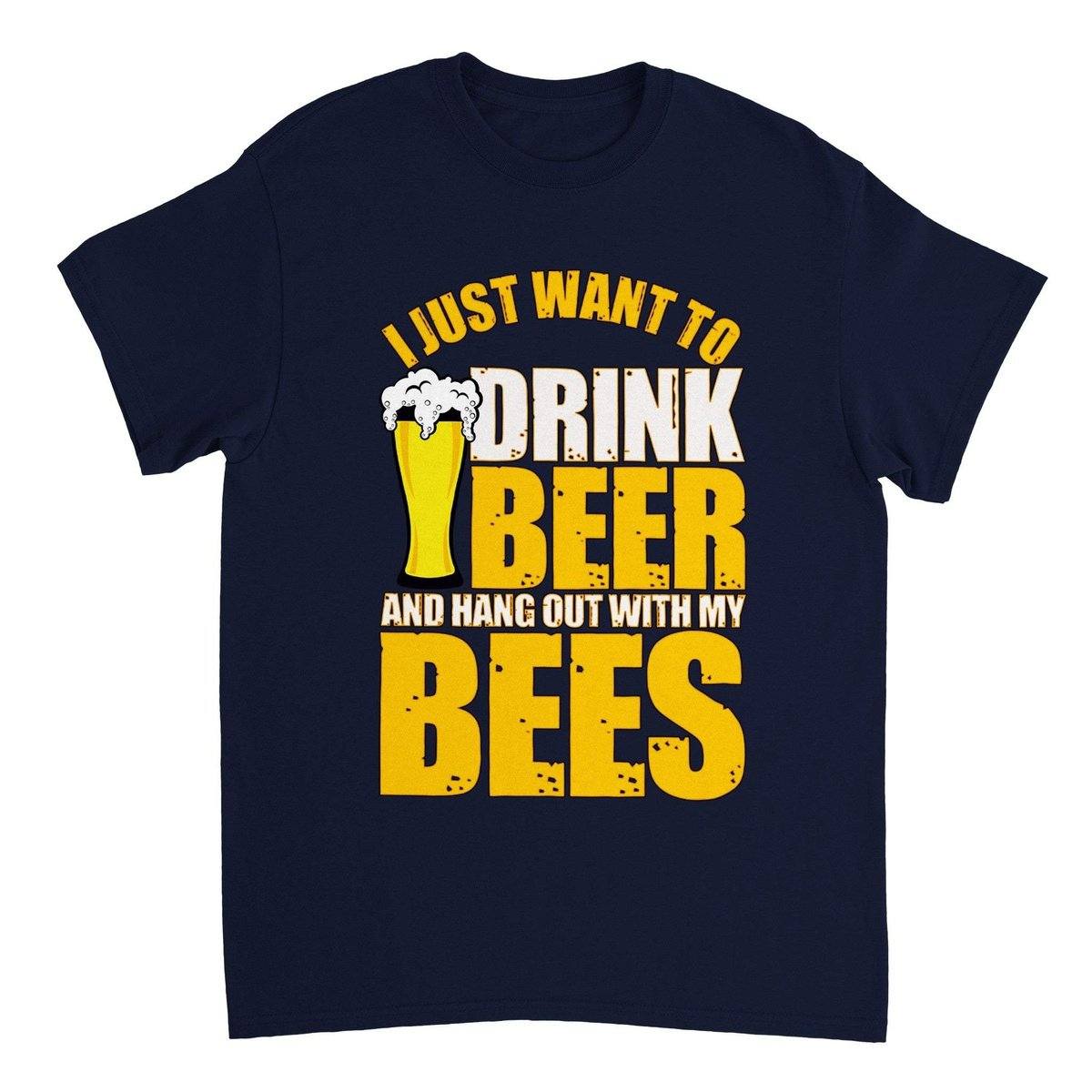I Just Want To Drink Beer And Hang Out With My Bees T-Shirt - Funny Bee Beer Tshirt - Unisex Crewneck T-shirt Australia Online Color Navy / S