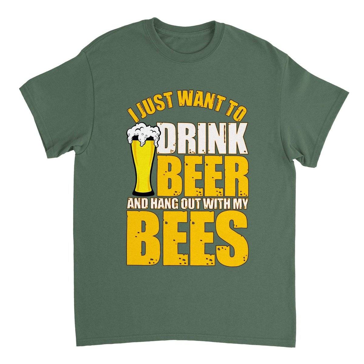 I Just Want To Drink Beer And Hang Out With My Bees T-Shirt - Funny Bee Beer Tshirt - Unisex Crewneck T-shirt Australia Online Color Military Green / S