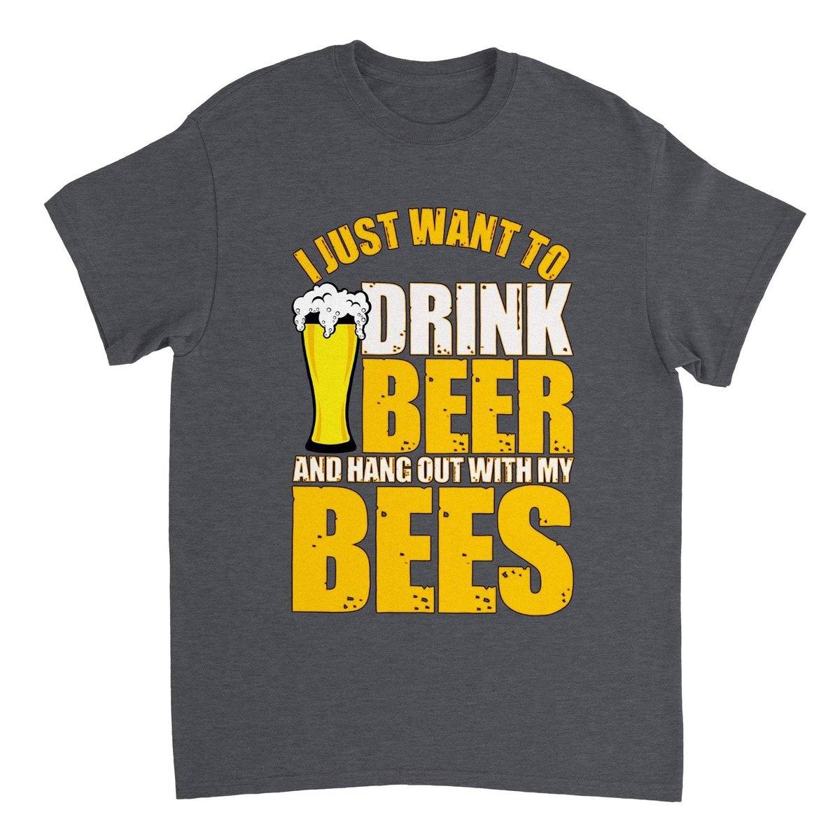 I Just Want To Drink Beer And Hang Out With My Bees T-Shirt - Funny Bee Beer Tshirt - Unisex Crewneck T-shirt Australia Online Color Dark Heather / S