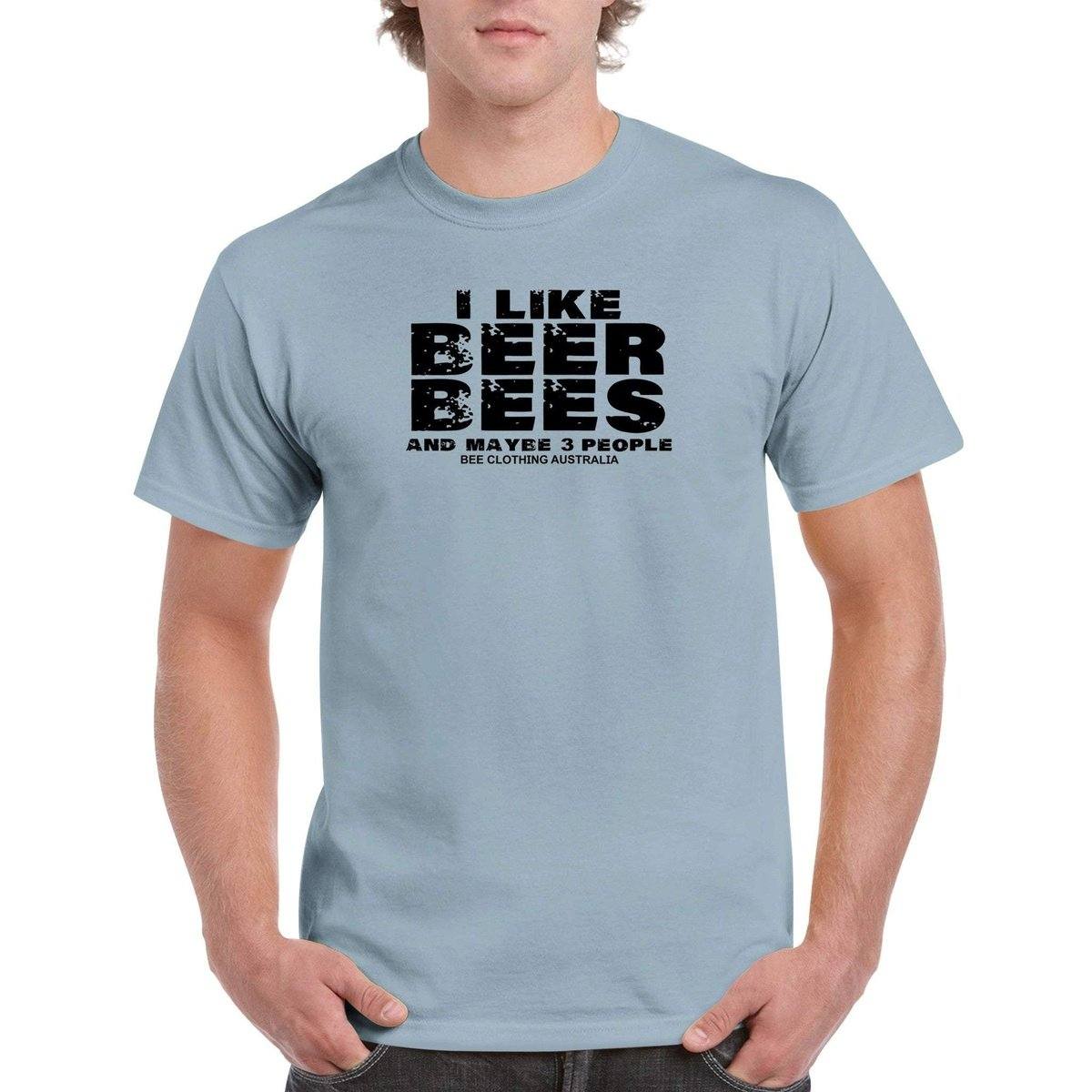 I Like Bees Beer And Maybe 3 People T-Shirt - beekeeper slogan Tshirt - Unisex Crewneck T-shirt Australia Online Color Light Blue / S