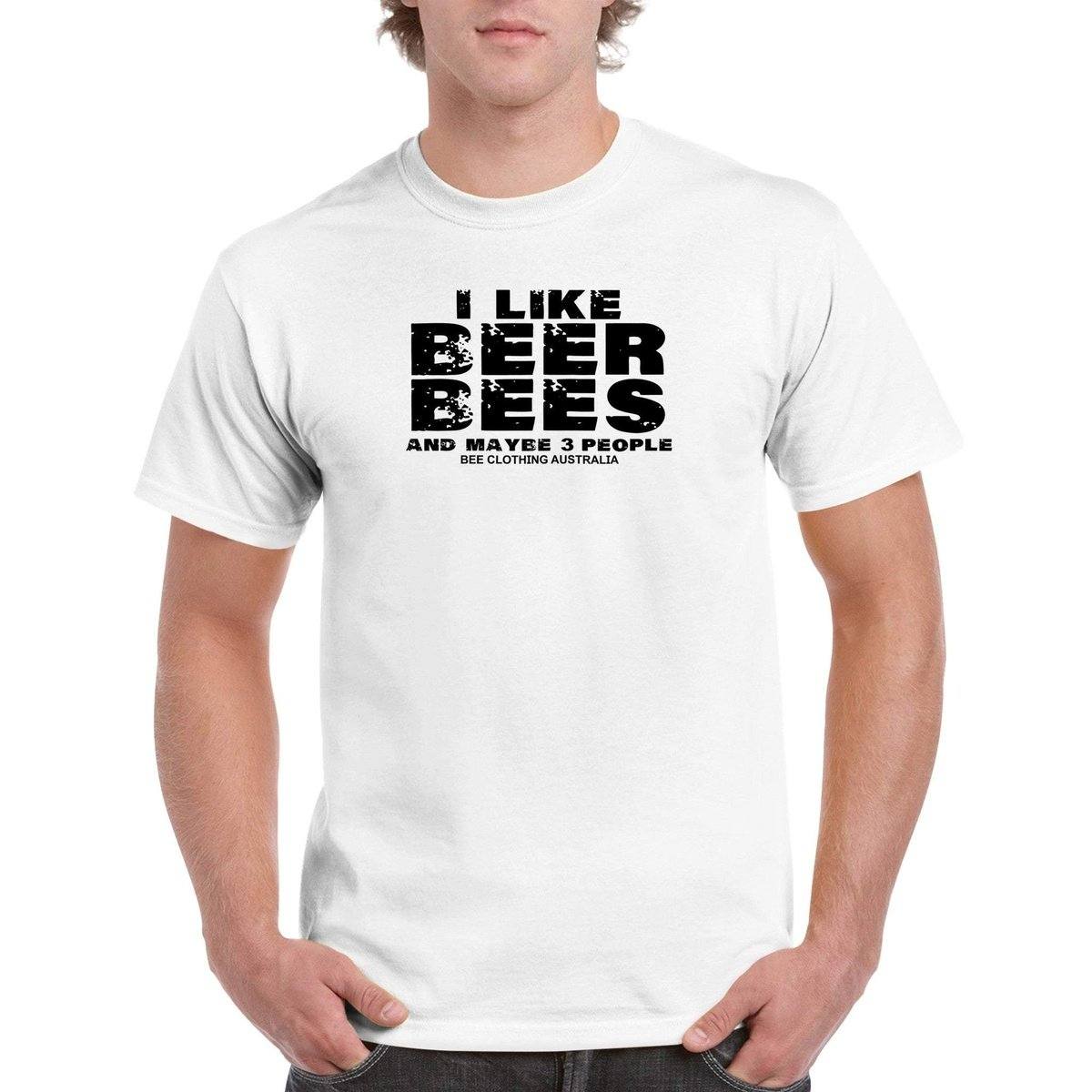 I Like Bees Beer And Maybe 3 People T-Shirt - beekeeper slogan Tshirt - Unisex Crewneck T-shirt Australia Online Color White / S