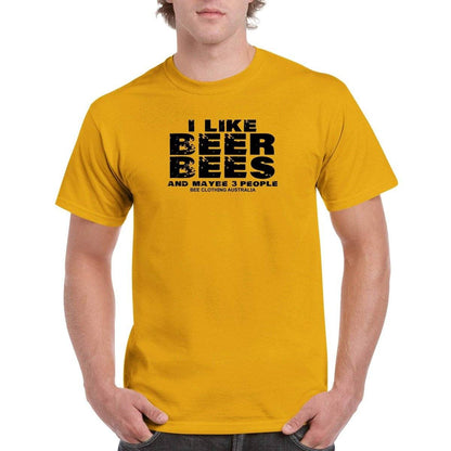 I Like Bees Beer And Maybe 3 People T-Shirt - beekeeper slogan Tshirt - Unisex Crewneck T-shirt Australia Online Color Gold / S