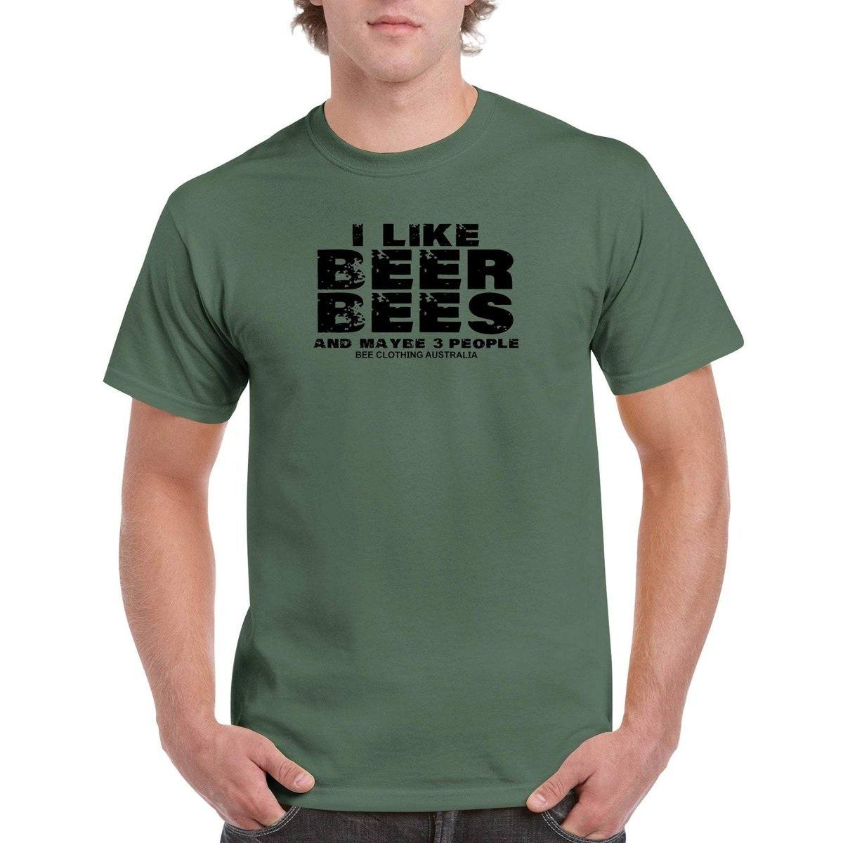 I Like Bees Beer And Maybe 3 People T-Shirt - beekeeper slogan Tshirt - Unisex Crewneck T-shirt Australia Online Color Military Green / S