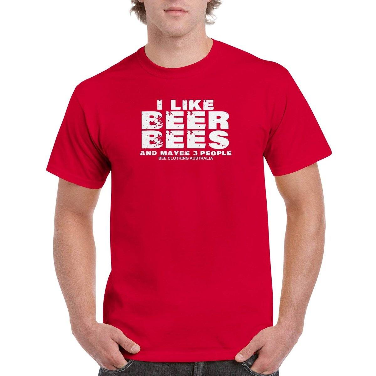 I Like Bees Beer And Maybe 3 People T-Shirt - beekeeper slogan Tshirt - Unisex Crewneck T-shirt Adults T-Shirts Unisex Red / S Bee Clothing Australia
