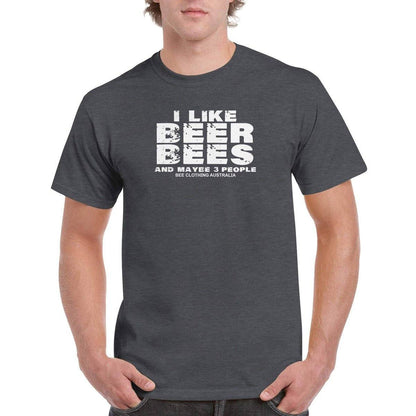 I Like Bees Beer And Maybe 3 People T-Shirt - beekeeper slogan Tshirt - Unisex Crewneck T-shirt Adults T-Shirts Unisex Dark Heather / S Bee Clothing Australia