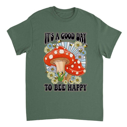 Its A Good Day To Bee Happy T-Shirt - Funny Bee Mushroom Tshirt - Unisex Crewneck T-shirt Australia Online Color Military Green / S
