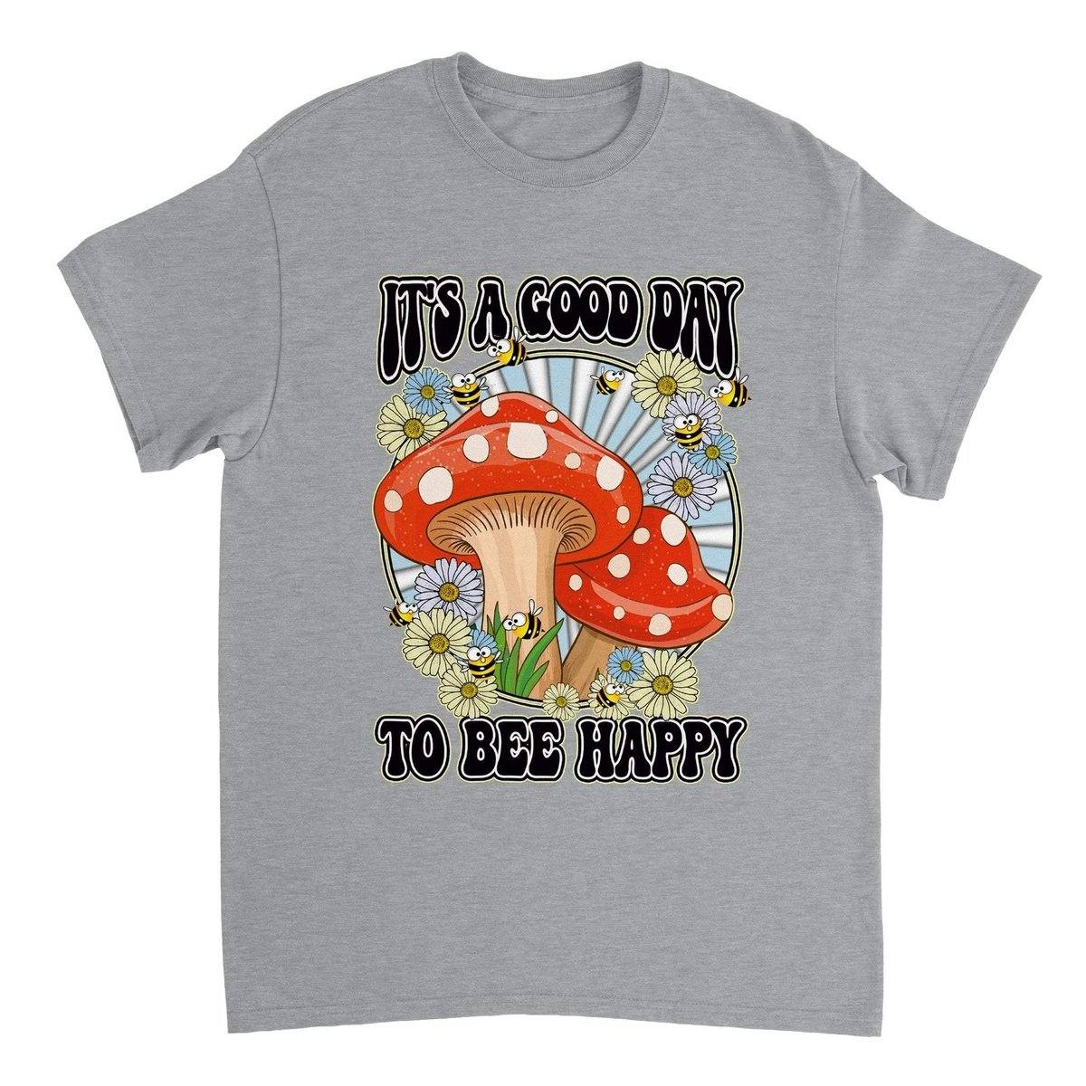 Its A Good Day To Bee Happy T-Shirt - Funny Bee Mushroom Tshirt - Unisex Crewneck T-shirt Australia Online Color Sports Grey / S