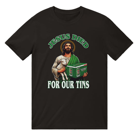 Jesus Died For Our Tins VB T-Shirt Graphic Tee Australia Online Black / S