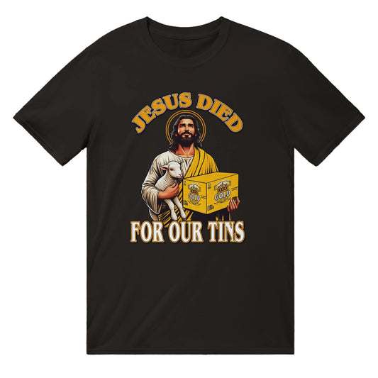 Jesus Died For Our Tins XXXX Gold T-Shirt Graphic Tee Australia Online Black / S