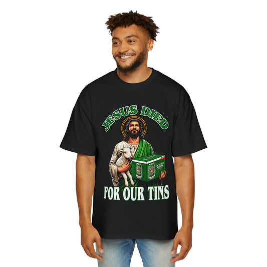 Jesus Dies For Our Tins VB Oversized Tee - Graphic Tees Australia Online - Graphic T-Shirts - Black / S