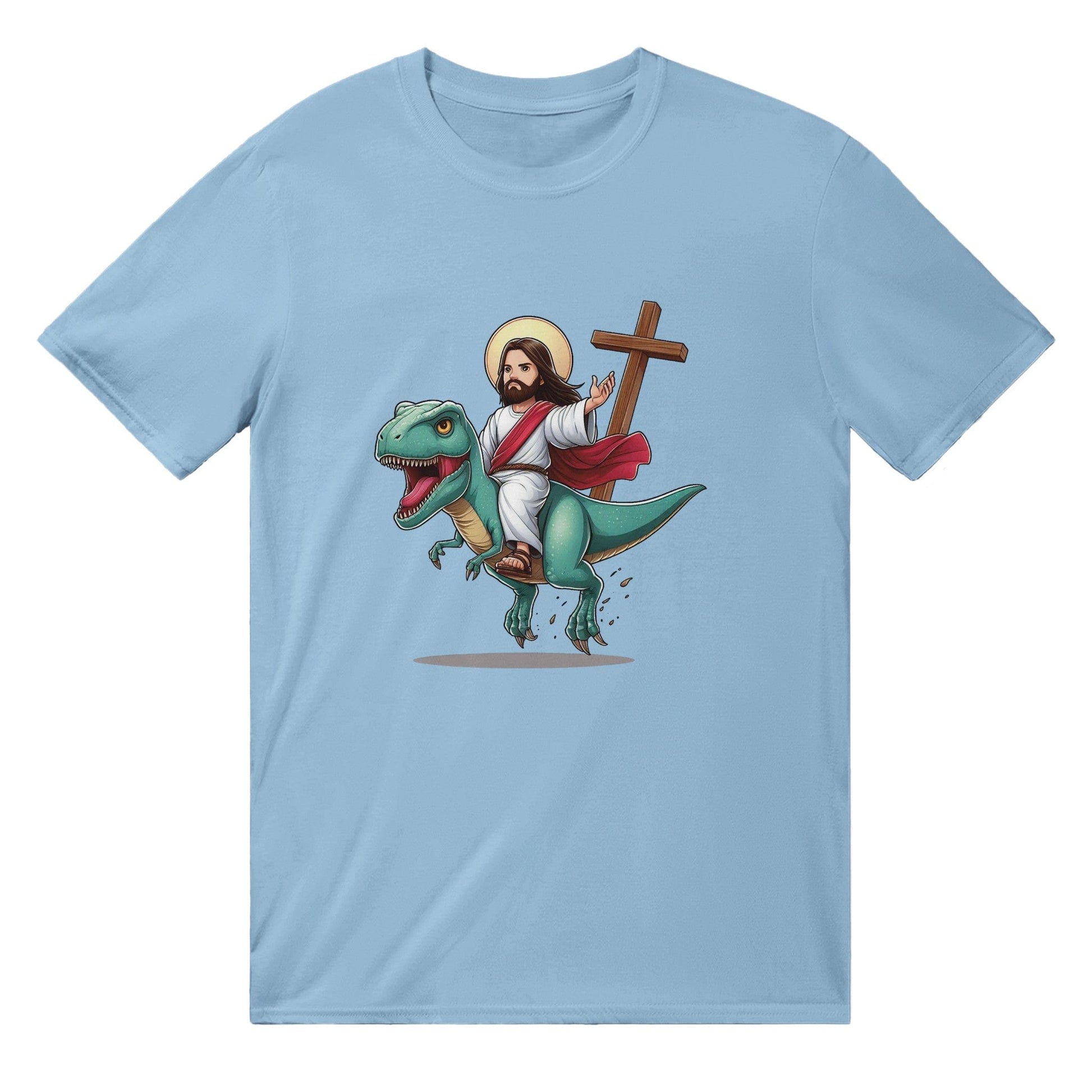 Jesus Riding A Dinosaur T-SHIRT Graphic Tee Light Blue / S BC Australia