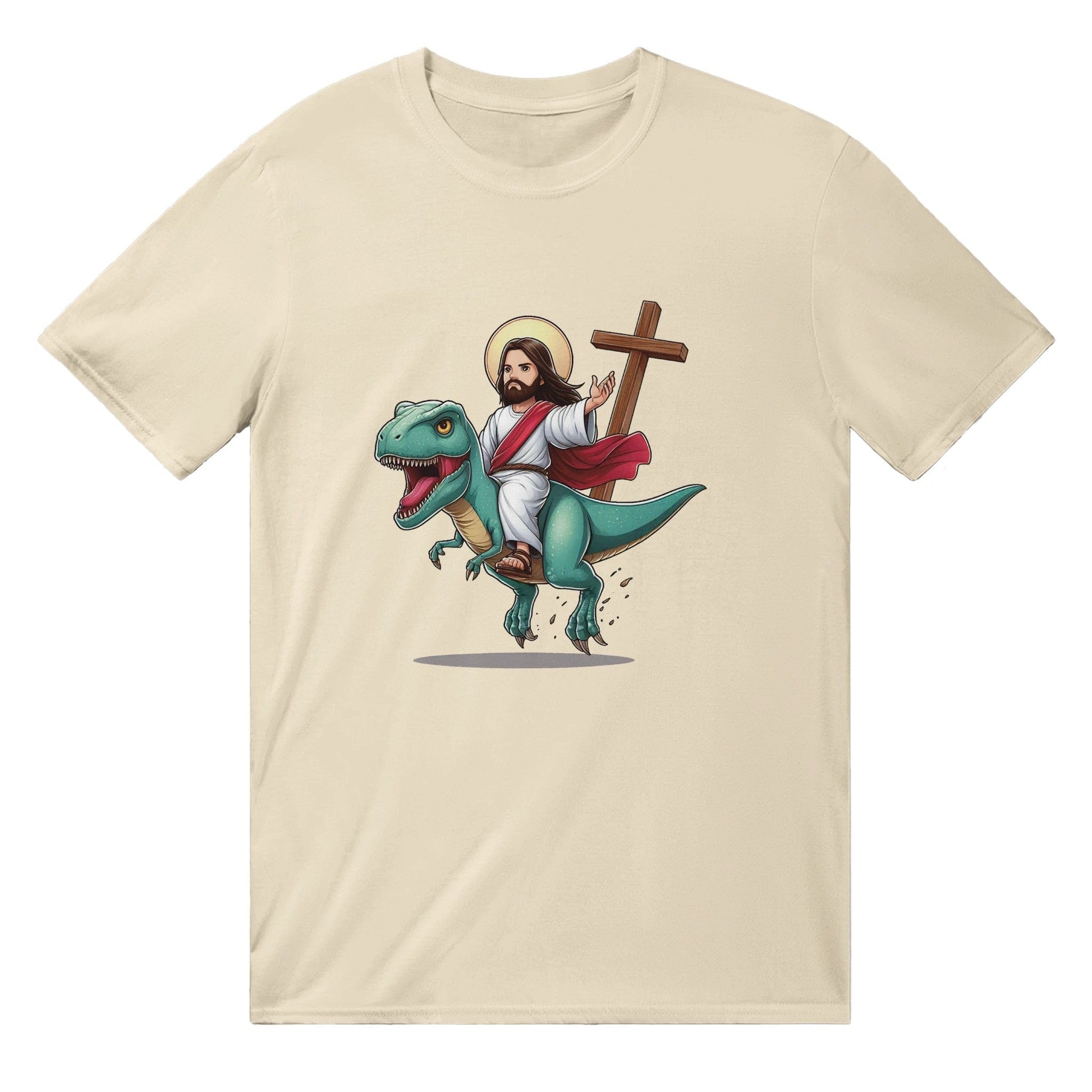 Jesus Riding A Dinosaur T-SHIRT Graphic Tee Natural / S BC Australia