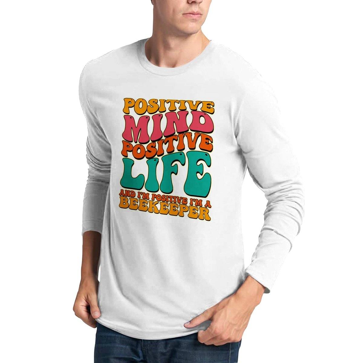Positive Mind Positive Life - Groovy 70's Graphic Tshirt -  Premium Unisex Longsleeve T-shirt Australia Online Color White / S