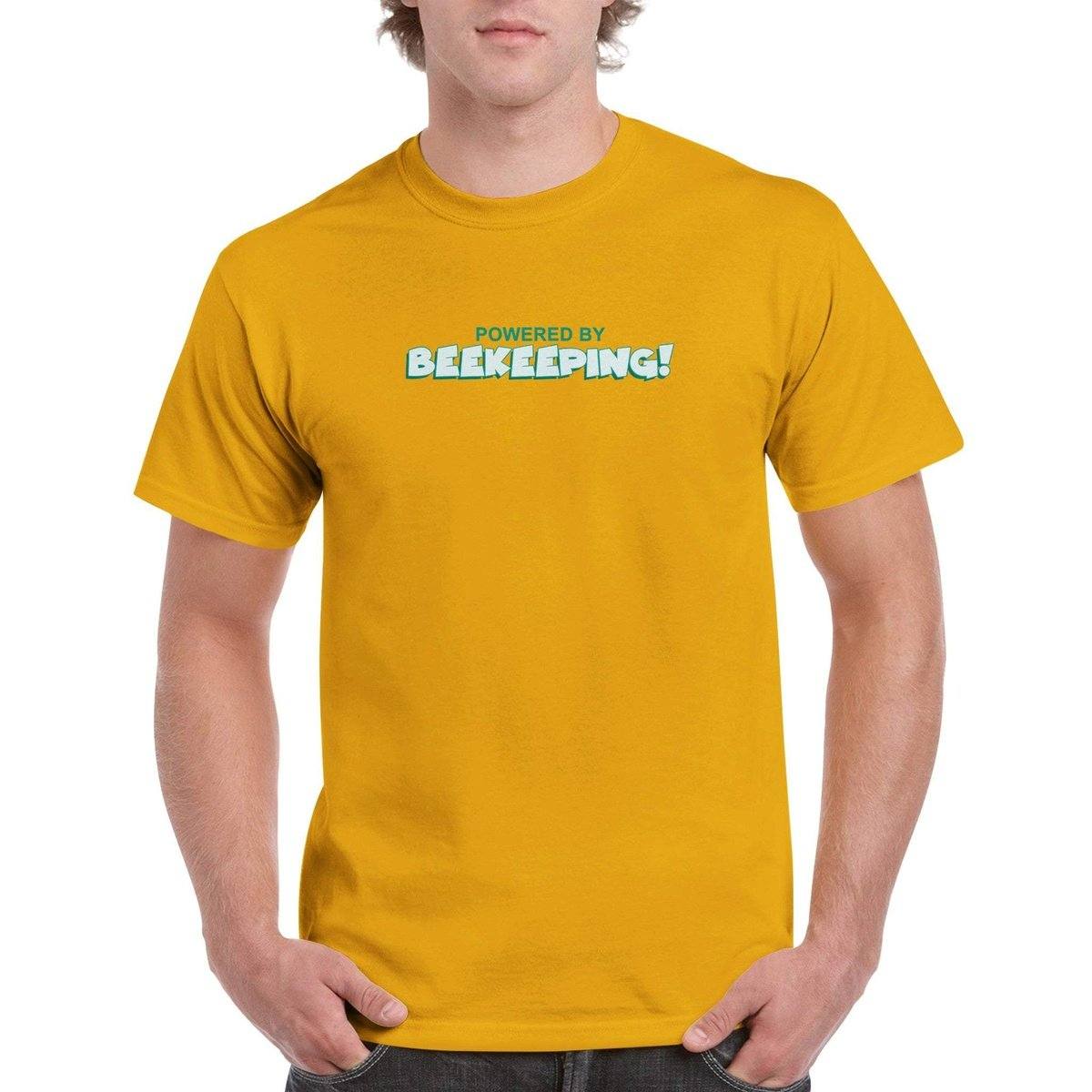 Powered By Beekeeping T-Shirt - funny beekeeper Tshirt - Unisex Crewneck T-shirt Australia Online Color Gold / S