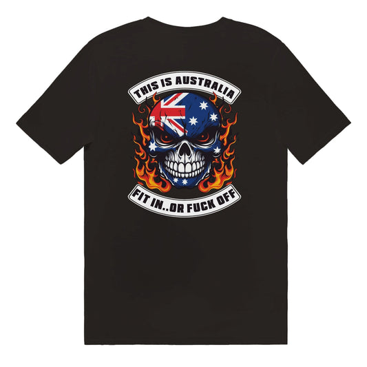 This Is Australia. Fit In Or Fuck Off T-Shirt Graphic Tee Australia Online Black / S