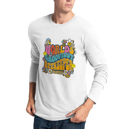 Worlds Best Beekeeper - 1970's Mushroom Graphic Tshirt -  Premium Unisex Longsleeve T-shirt Australia Online Color White / S