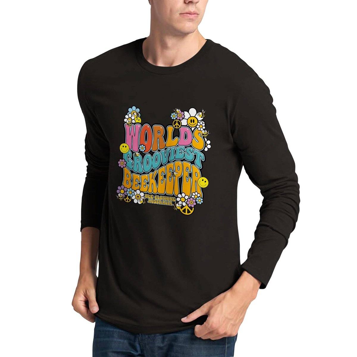 Worlds Best Beekeeper - 1970's Mushroom Graphic Tshirt -  Premium Unisex Longsleeve T-shirt Australia Online Color Black / S